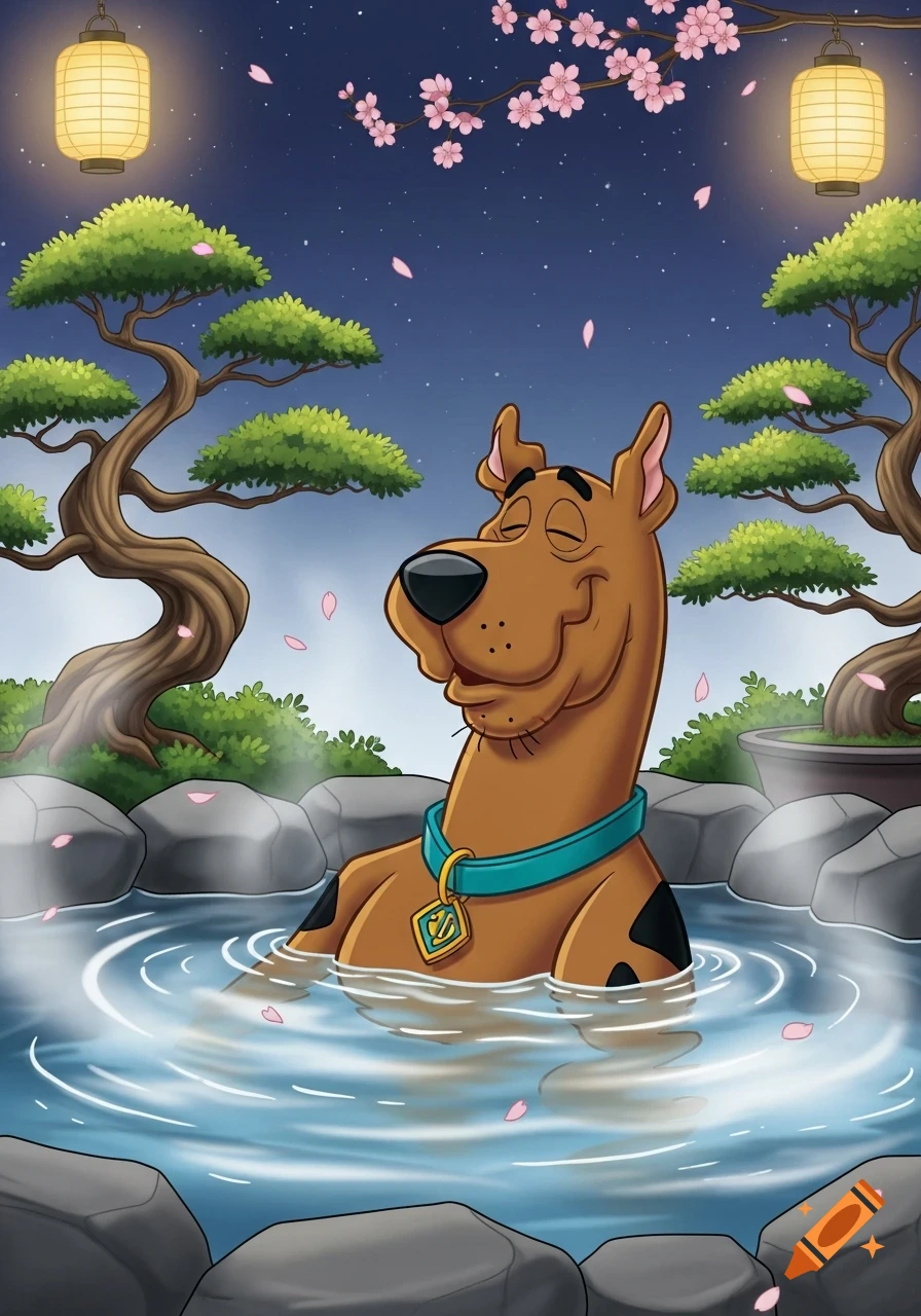 Cartoon Scooby-Doo relaxes with closed eyes in a Japanese hot spring at night, surrounded by bonsai trees, cherry blossoms, and lanterns.