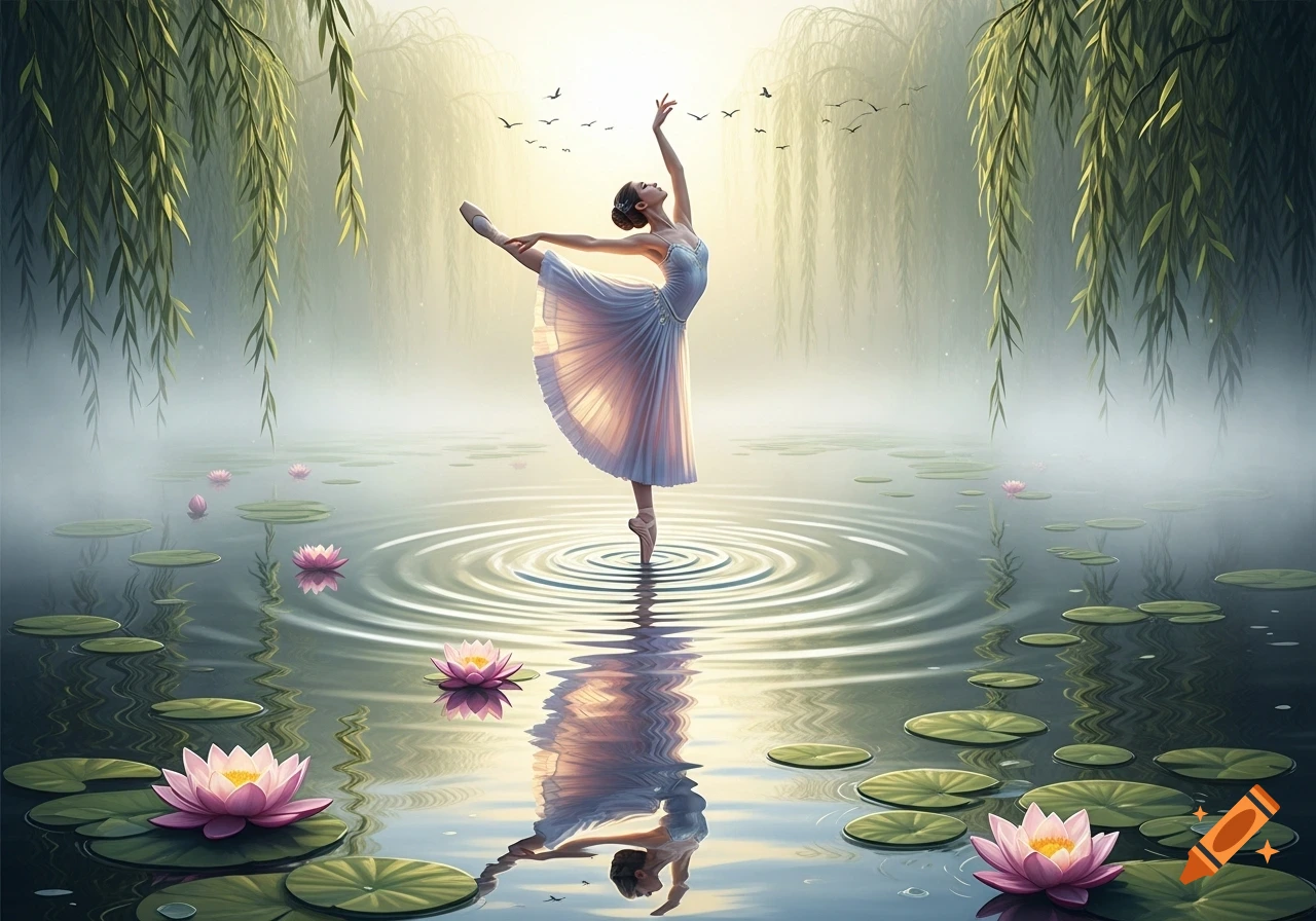 A ballerina en pointe in a white dress on misty water with lily pads and weeping willows, under a soft glowing sky.