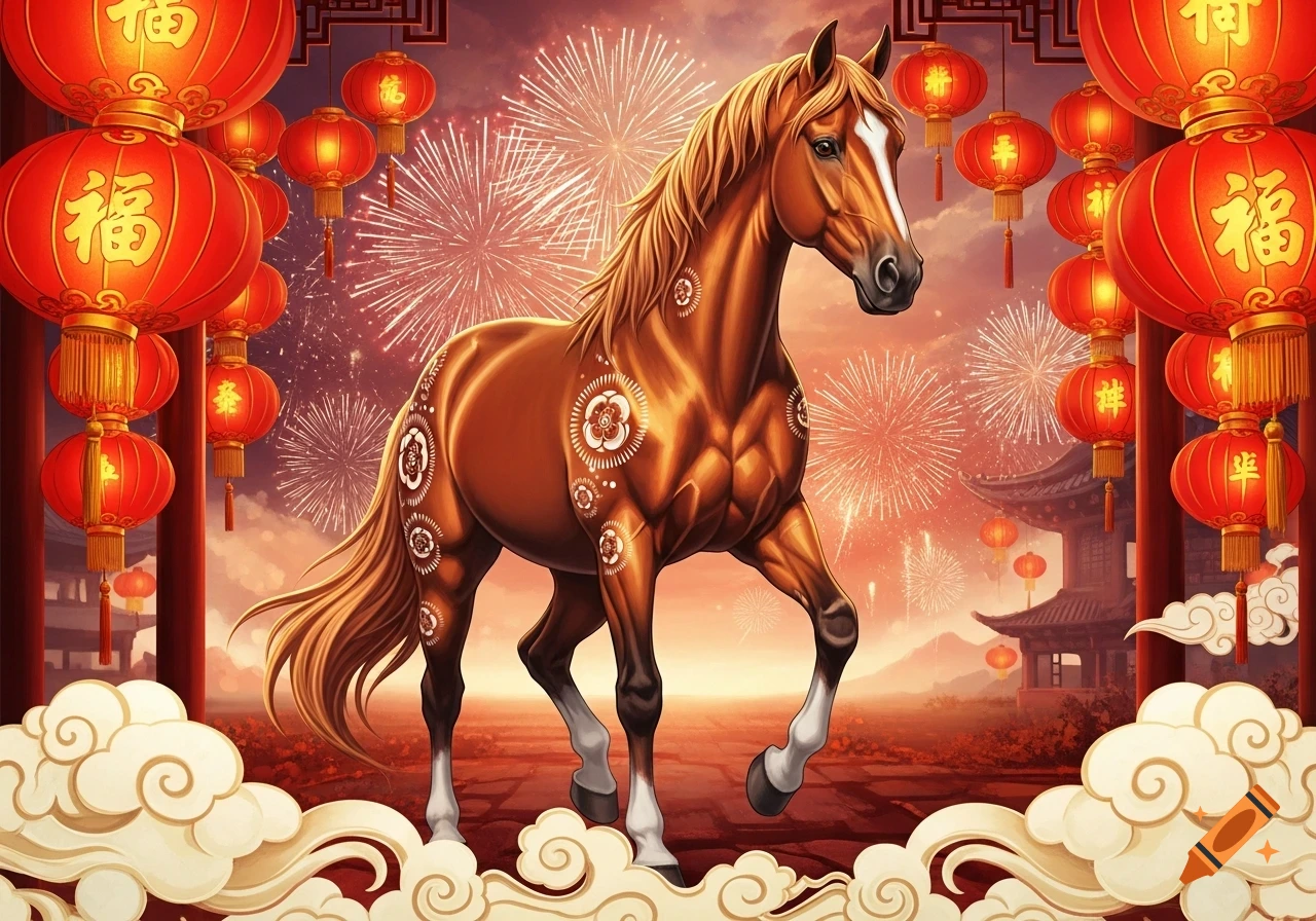 A majestic brown horse stands amidst a vibrant Chinese New Year celebration with red lanterns and fireworks.