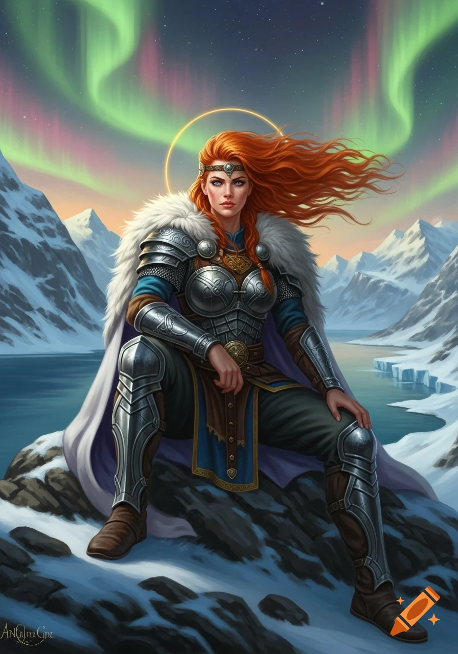 A red-haired Viking warrior in armor and white furs sits on a snowy rock in a mountain landscape under the aurora borealis.