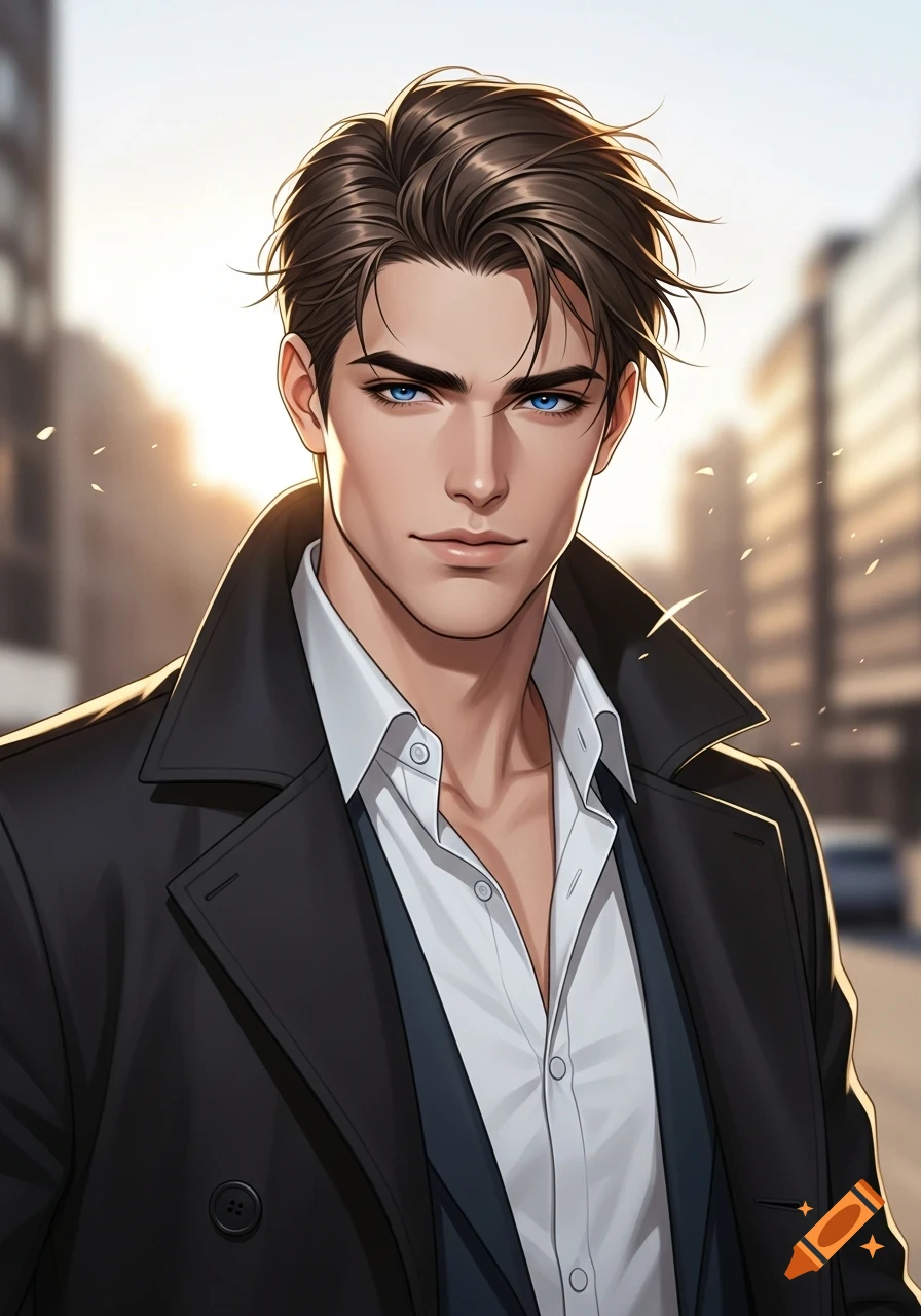 A handsome anime-style young man with brown hair and striking blue eyes, wearing a black trench coat and white shirt, stands outdoors.