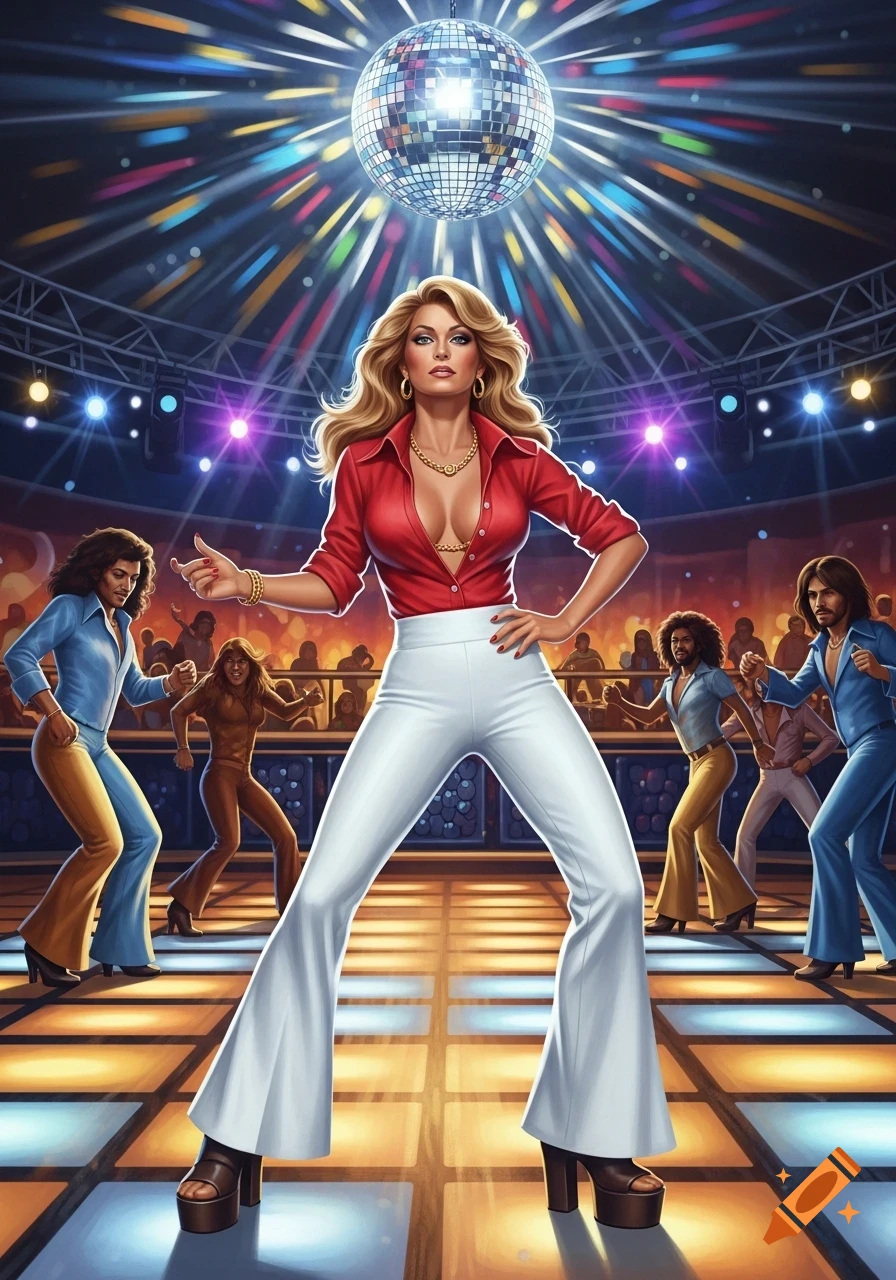 A woman with a Farrah Fawcett hairdo in a red shirt and white bell-bottoms dances on a light-up disco floor under a disco ball.