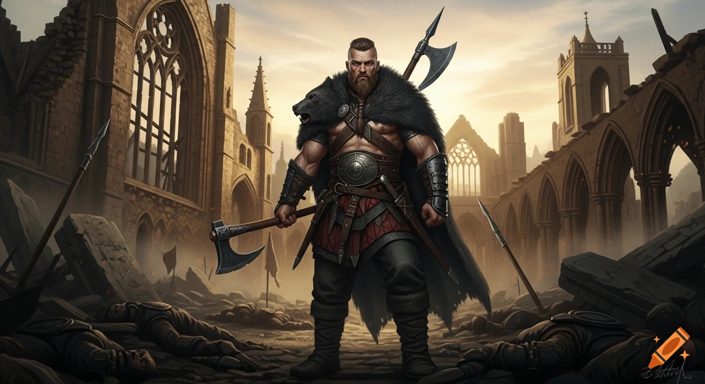 Muscular Viking warrior in bear skin armor holding an axe, standing among fallen foes in a ruined gothic monastery at golden hour.
