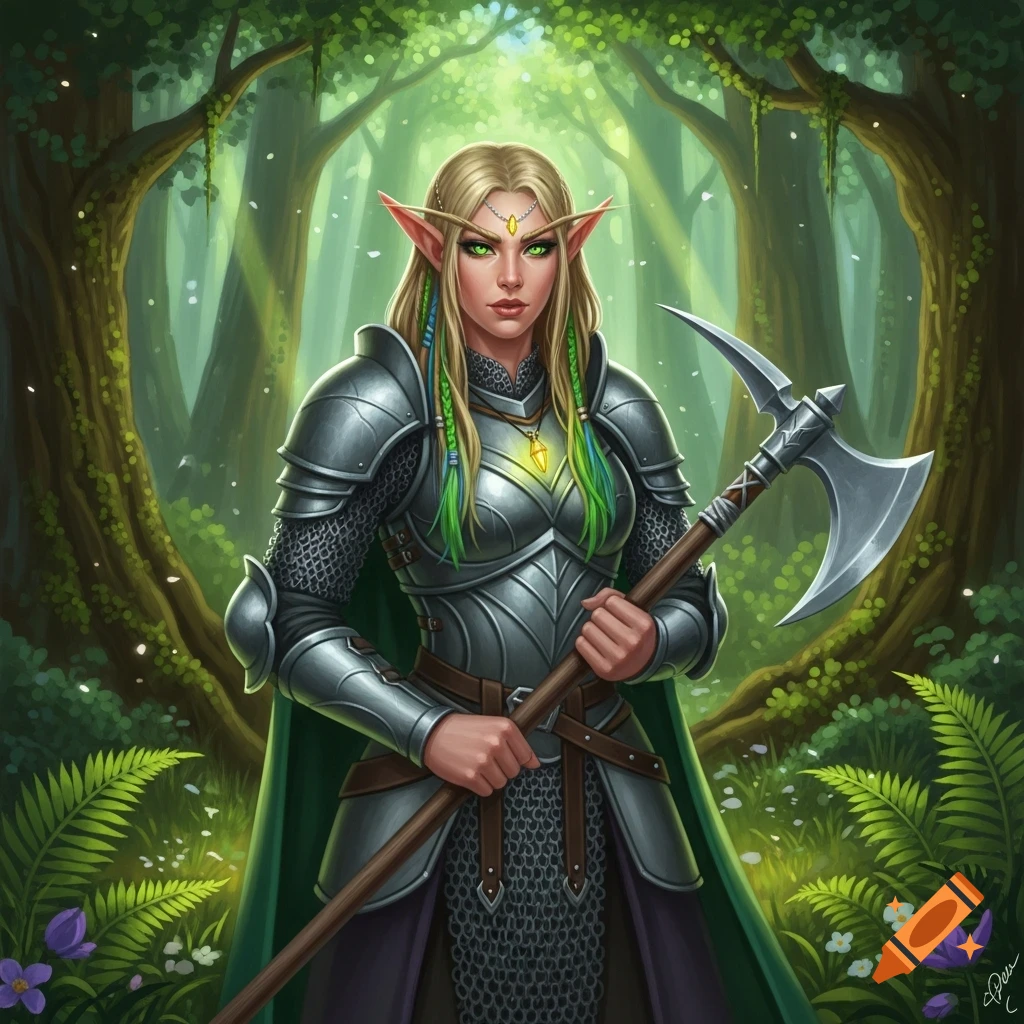 A female elf warrior with blonde hair and green streaks, wearing chain mail and plate armor, holding a double-bladed axe in a lush forest.