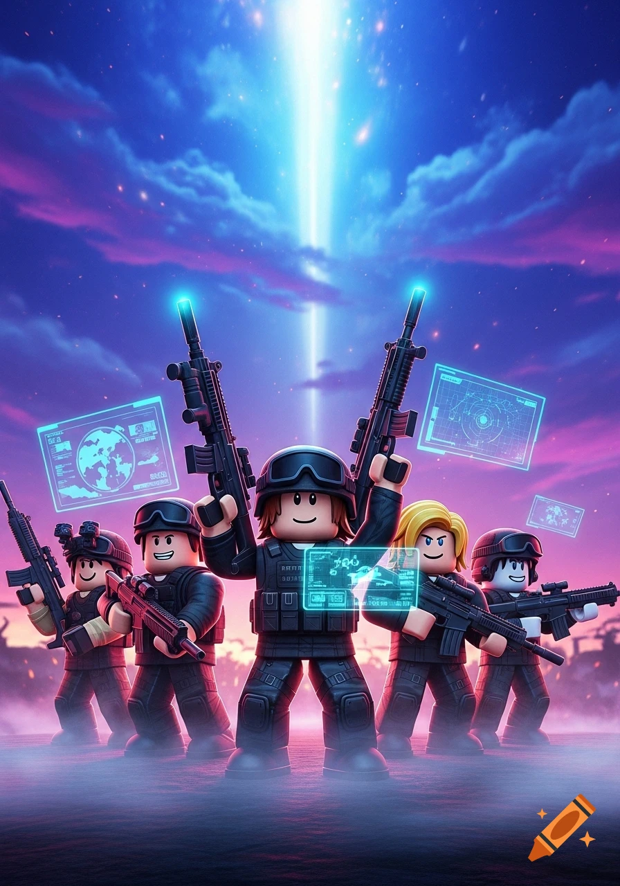 Five Roblox-style military figures with weapons, standing under a dramatic purple and blue sky with a bright light beam and holographic screens.