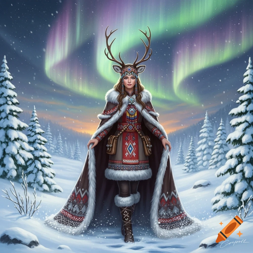A woman with reindeer antlers and a fur-lined, patterned cloak stands in a snowy forest under the aurora borealis.