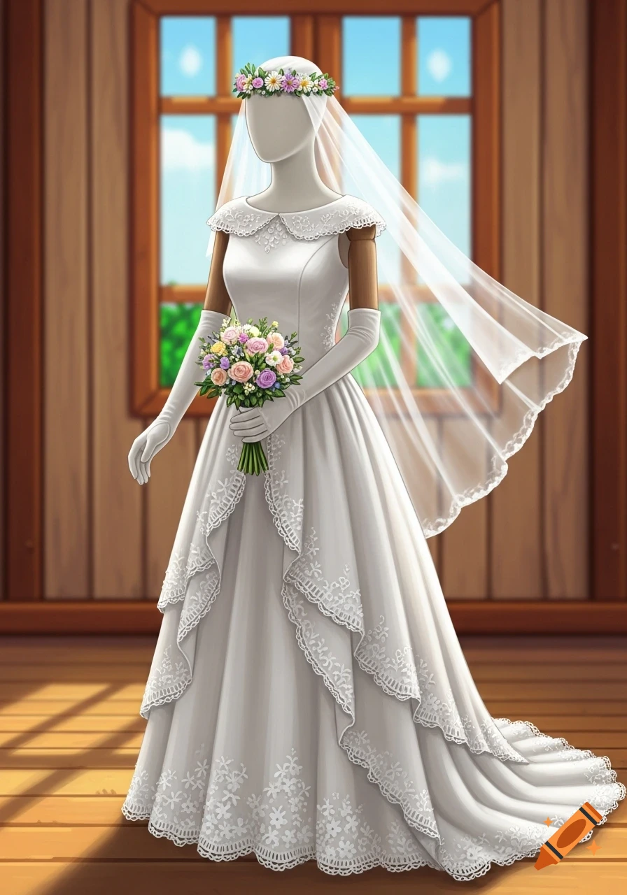 A mannequin in a white wedding dress with a flower headband, veil, and pastel bouquet stands indoors by a window.