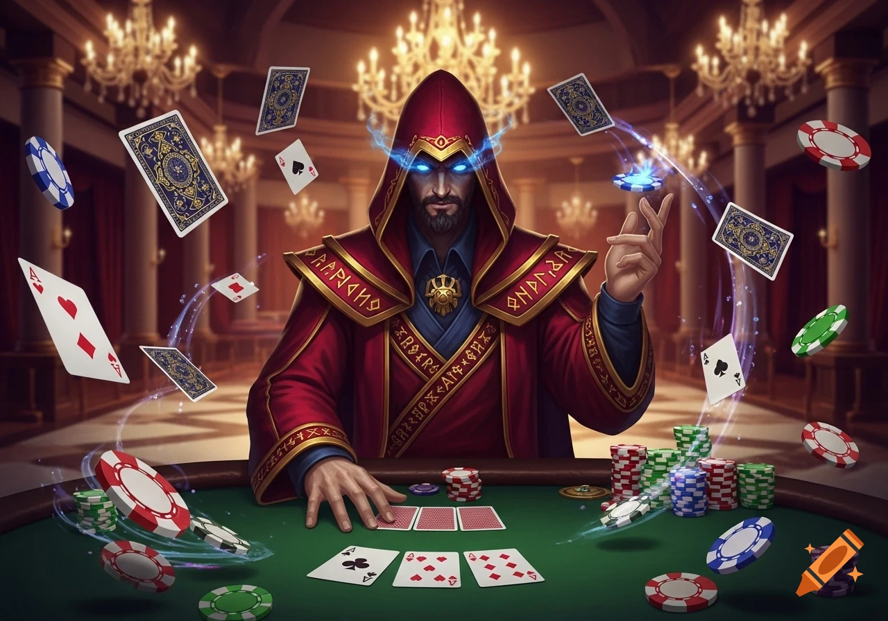 A fantasy wizard with glowing blue eyes in a red hooded robe sits at a poker table, magically levitating cards and chips in a grand hall with chandeliers.
