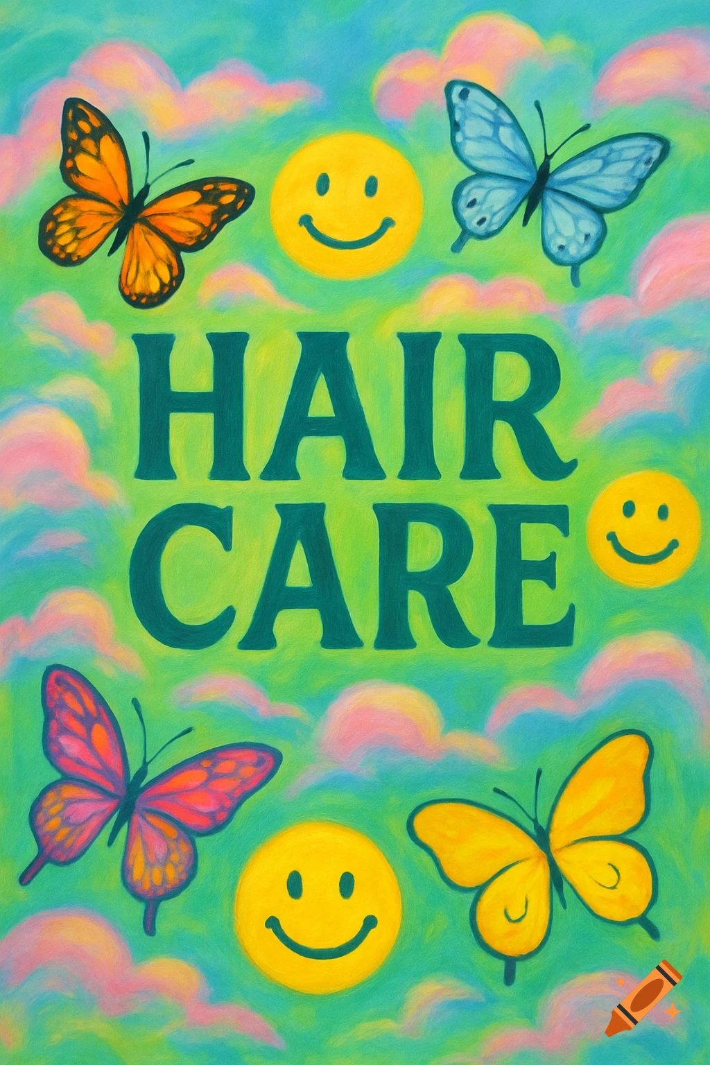 A vibrant, illustrative poster with "HAIR CARE" text, colorful butterflies, yellow smiley faces, and soft, pastel clouds.