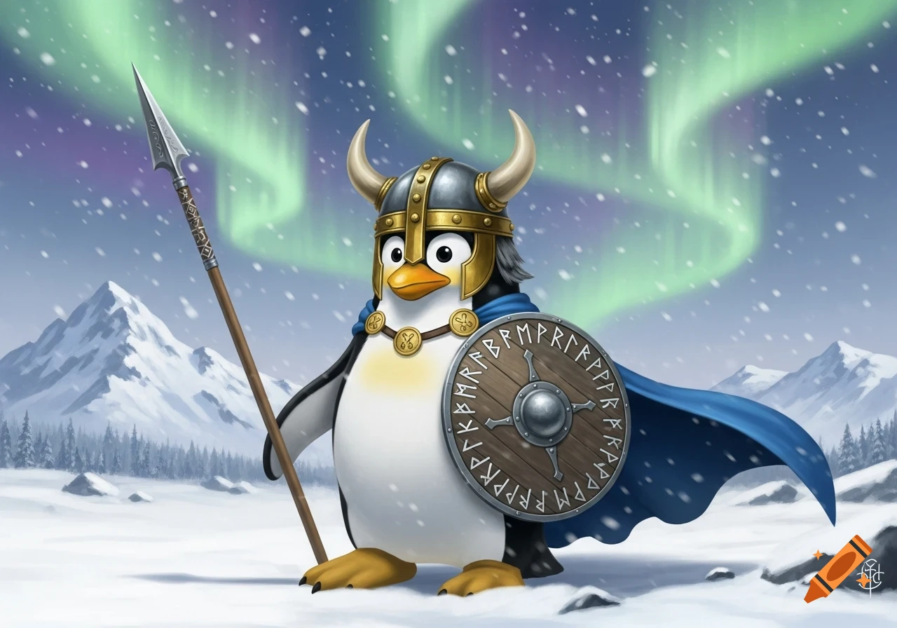 A cartoon penguin in Viking armor, holding a spear and shield, stands in a snowy landscape under the aurora borealis.