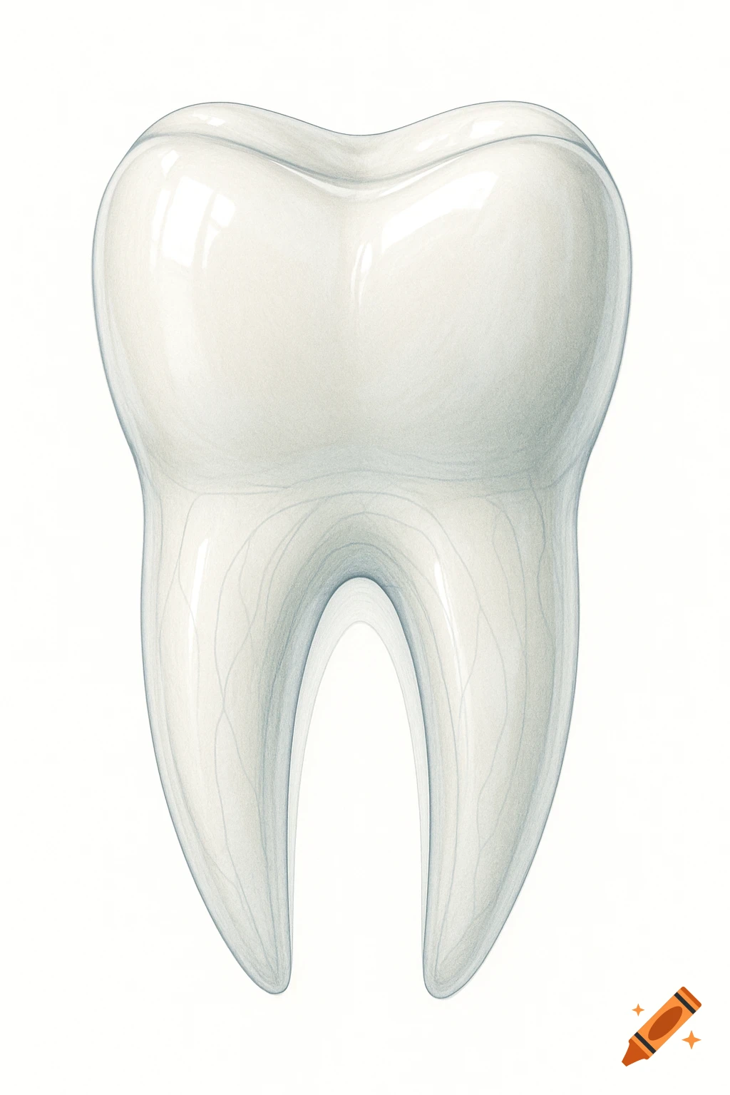 A high-resolution dental illustration of a healthy white tooth with shiny enamel and visible roots, on a clean white background.