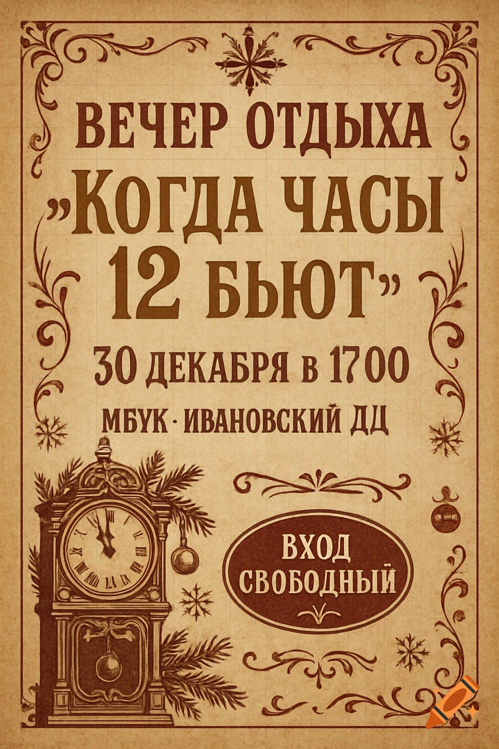 A vintage-style poster in sepia tones with brown text and ornaments. It advertises an event, "Вечер отдыха "Когда часы 12 бьют"" (Evening of relaxation "When the clock strikes 12"), on December 30 at 17:00. An old grandfather clock decorated with pine branches is in the bottom left, and text in an oval says "Вход свободный" (Free entry).