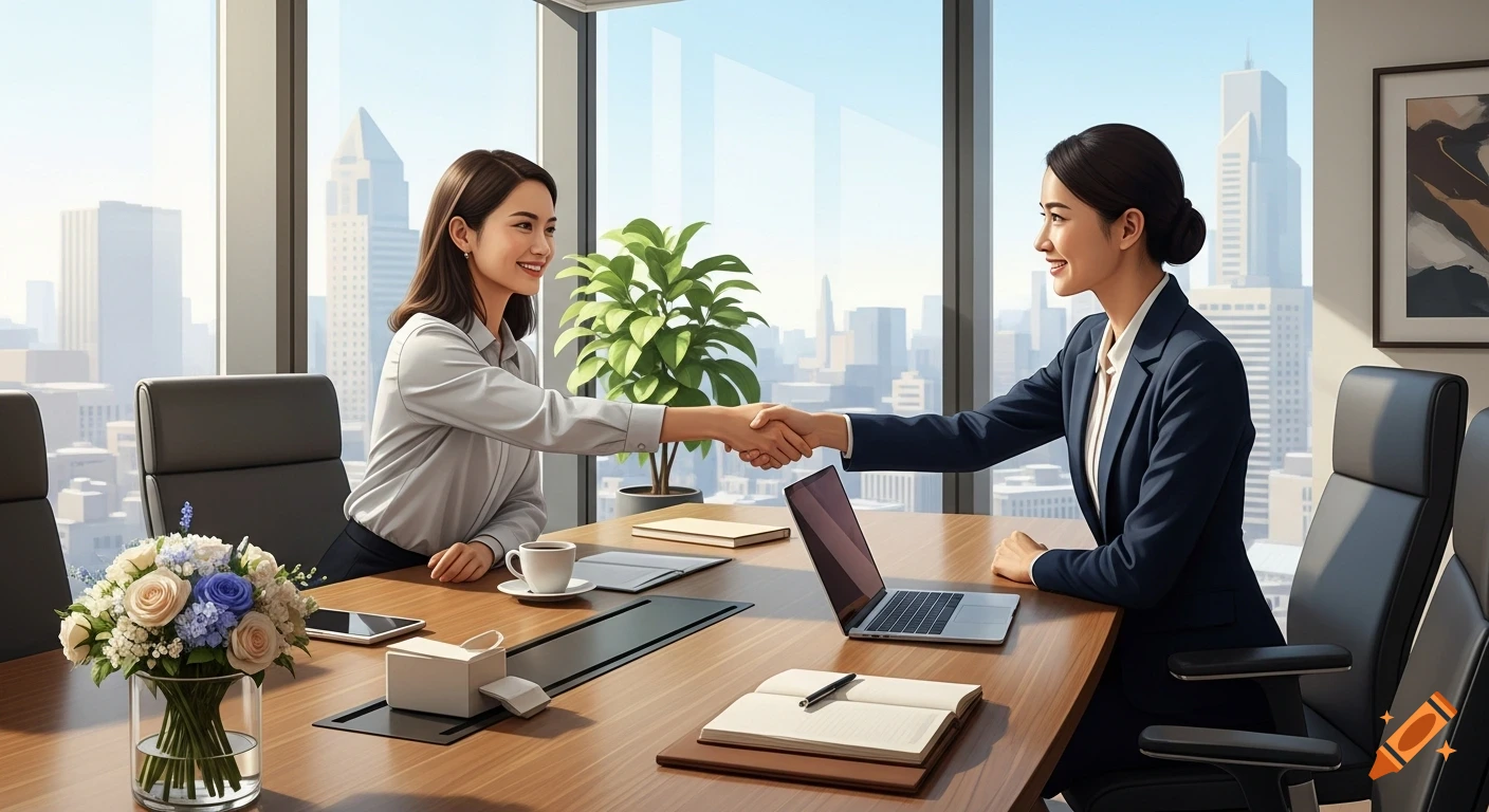 Two smiling businesswomen shake hands across a conference table in a modern office with a city view.