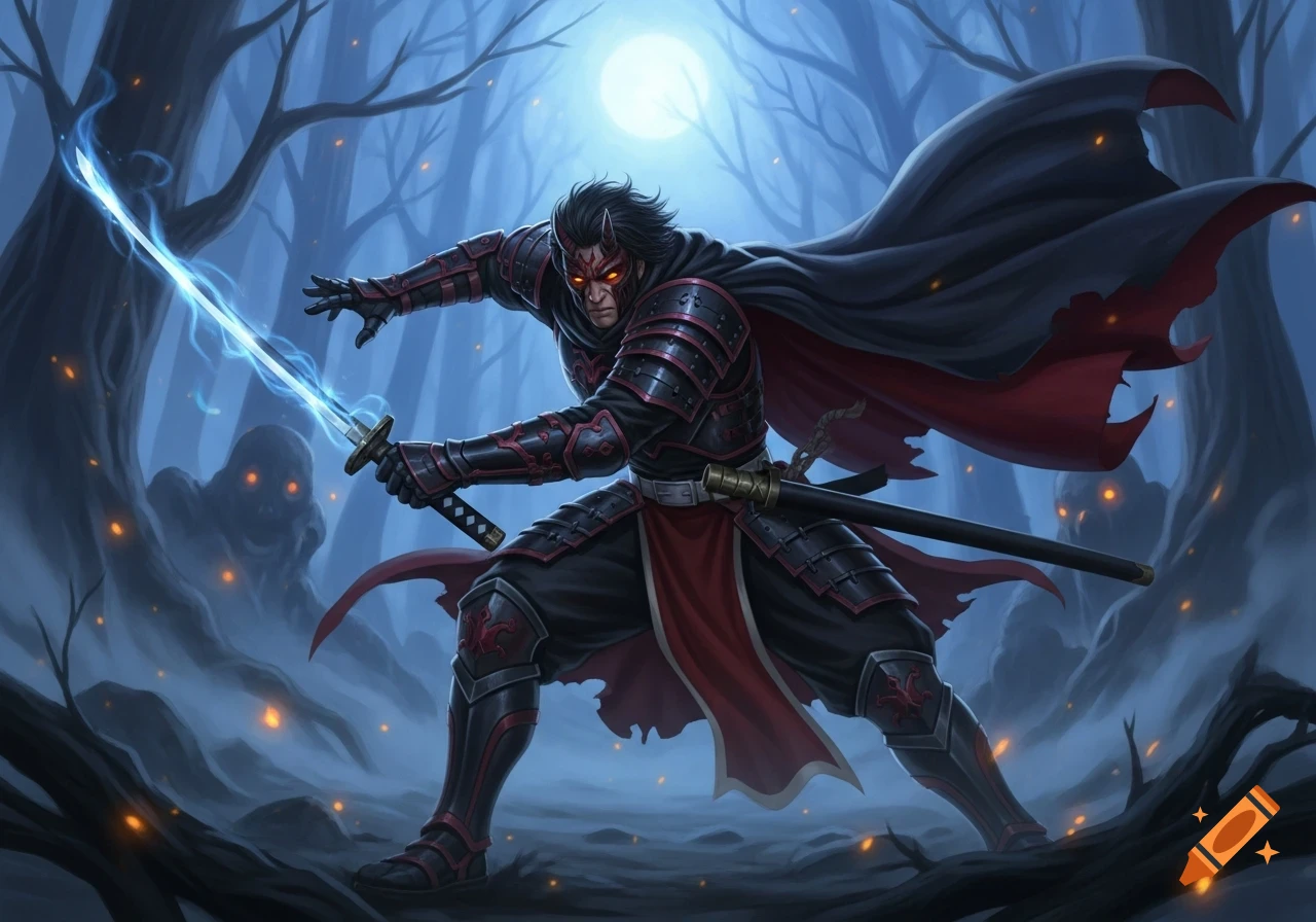 An armored demon warrior with glowing eyes and a blue glowing sword ...