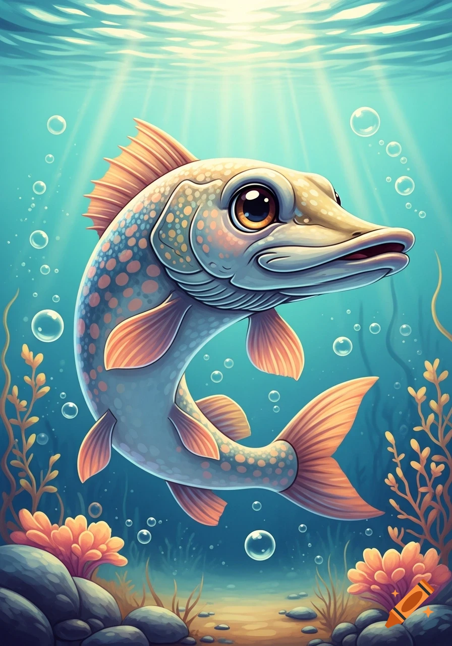 A cute cartoon pike fish with big eyes swims underwater among coral and rocks, with light rays from the surface.