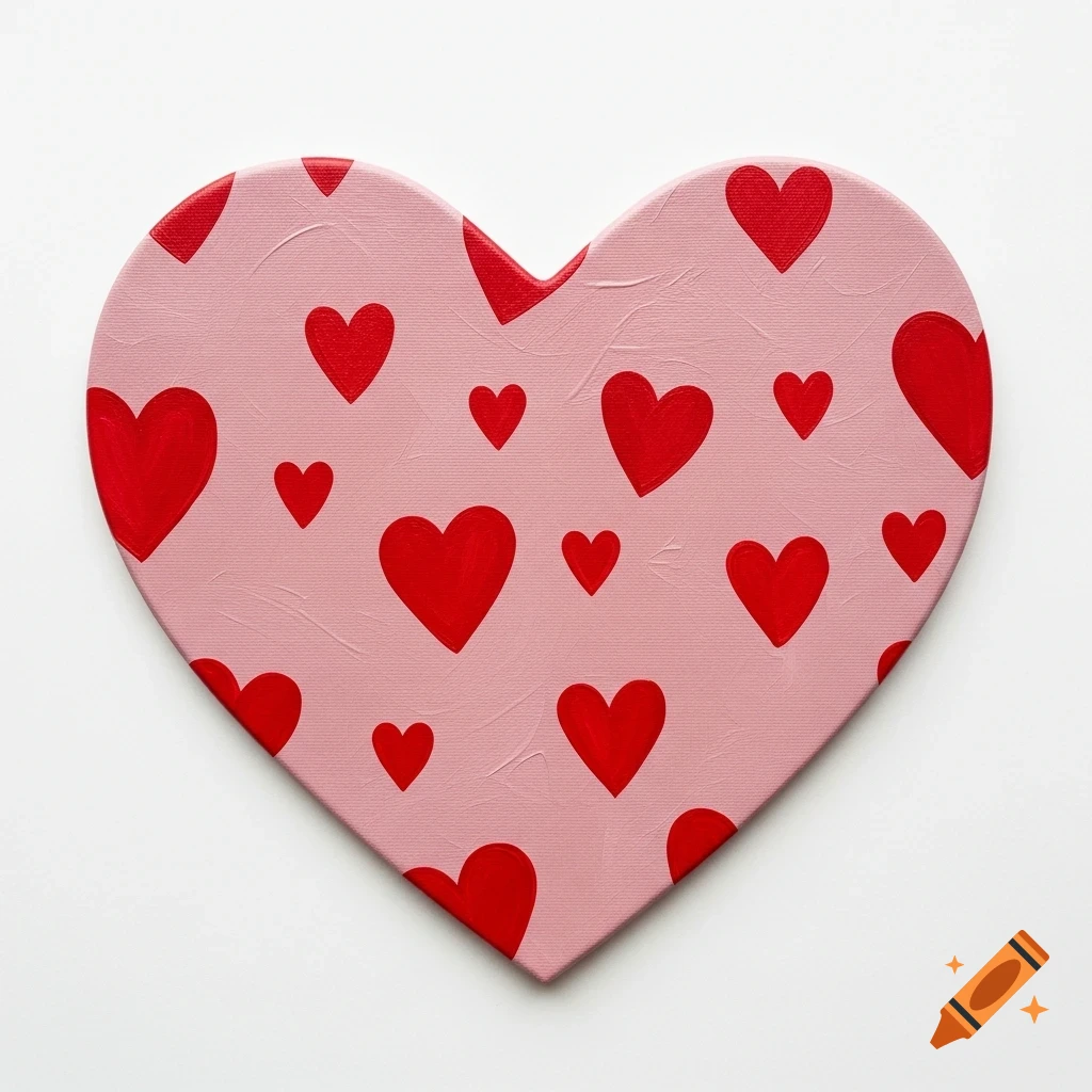 A heart-shaped canvas with a light pink background covered in numerous smaller red hearts, painted style.