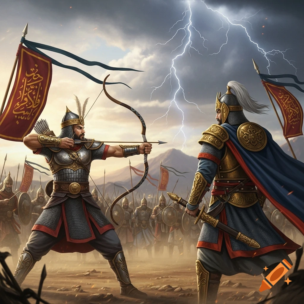 Two armored warriors battle in a stormy landscape. One aims a drawn bow and arrow at the other, an army stands behind them as lightning strikes.