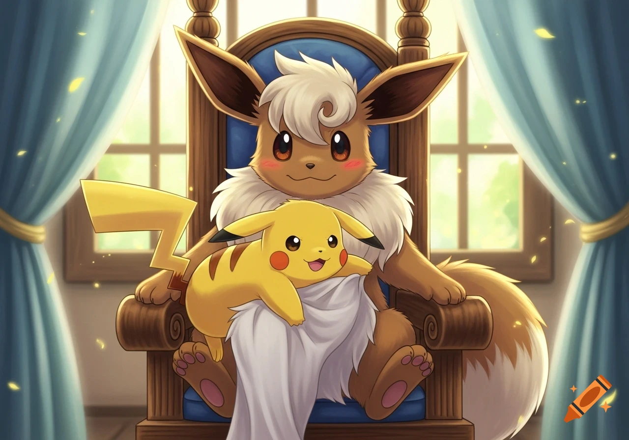 A fluffy, brown Eevee sits on a grand blue throne, cradling a smiling yellow Pikachu on its lap, with light filtering through a window.