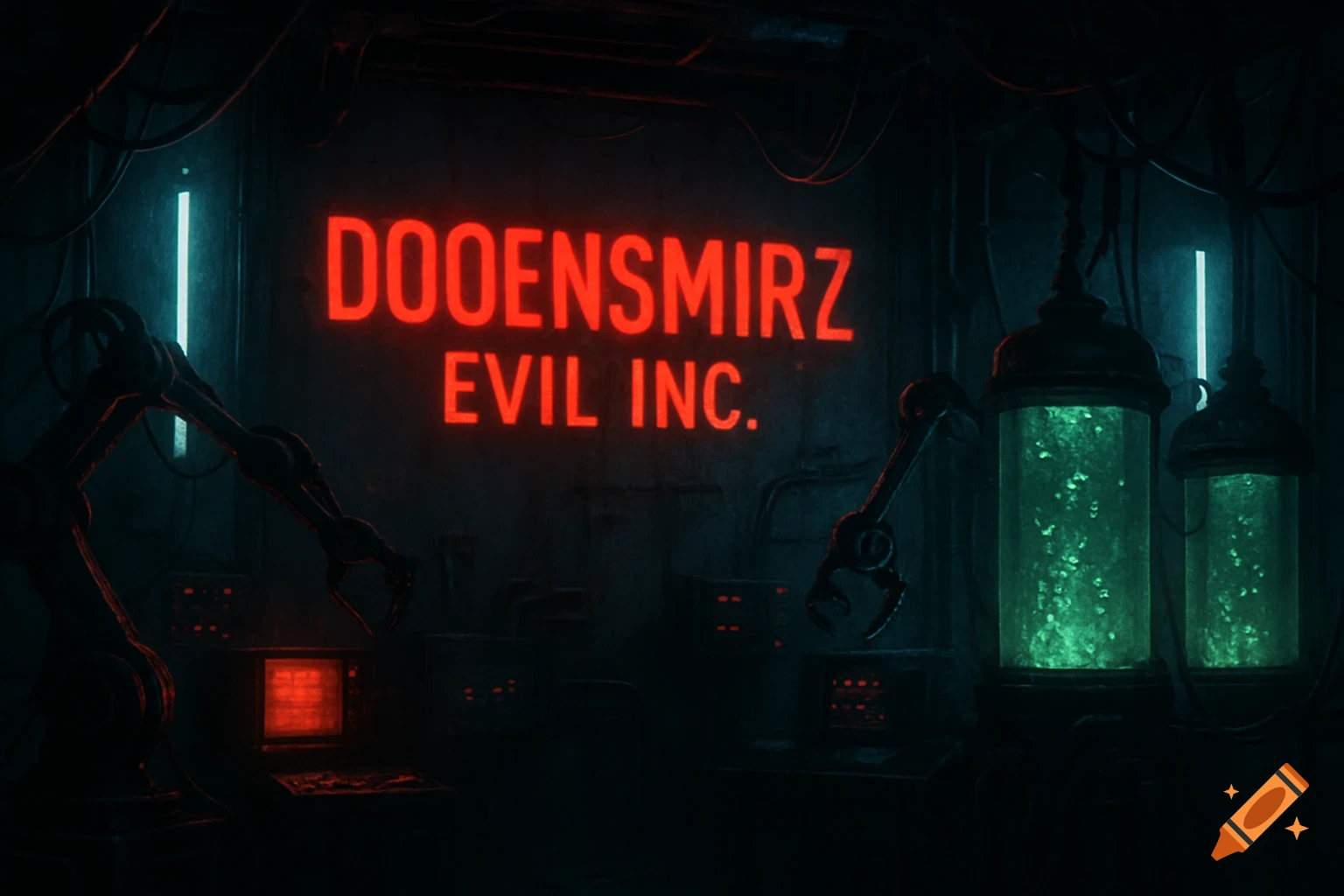 A dark, eerie laboratory with a red neon sign reading 'DOOENSMIRZ EVIL INC.', robotic arms, and glowing green vats.