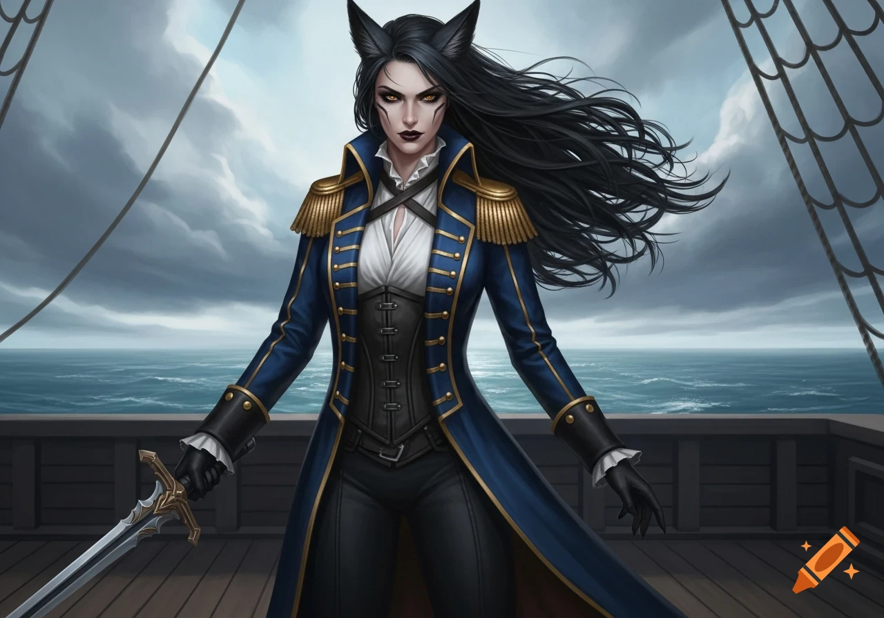 A formidable dark-haired woman with animal ears in a blue admiral's coat stands on a ship's deck, holding a sword.