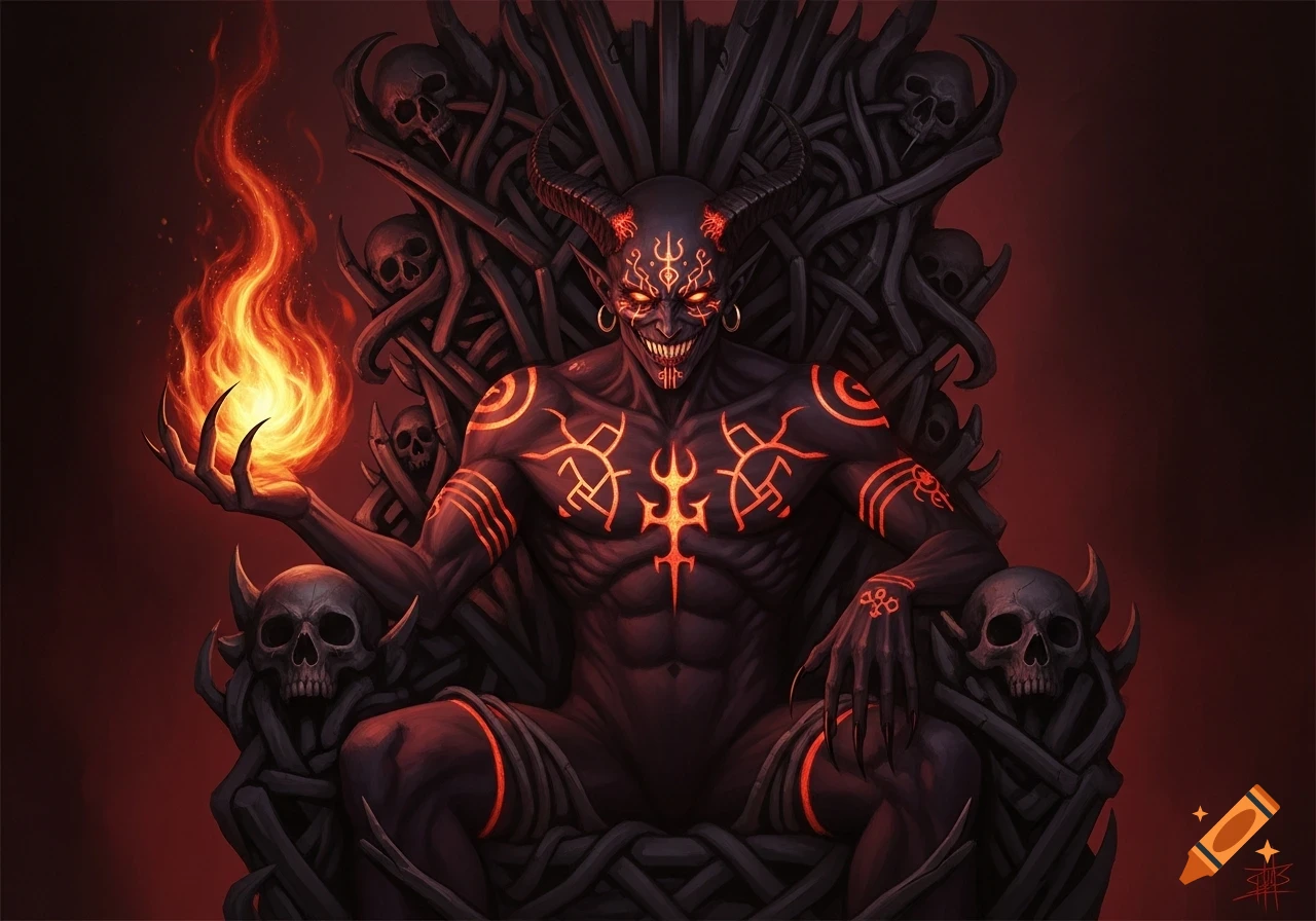 A horned, black demon with glowing red markings and an evil grin sits on a throne of skulls, holding a burning fireball.