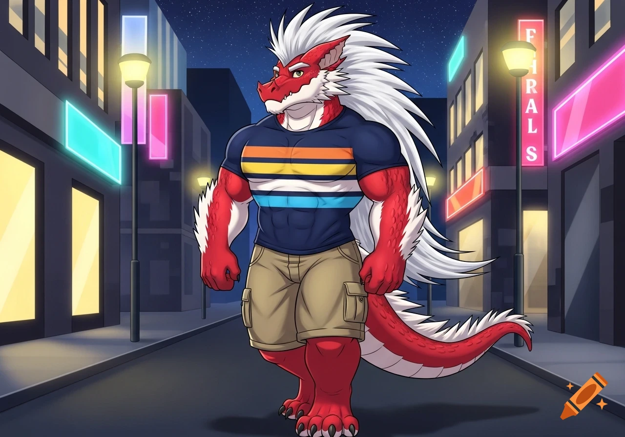 A cartoon red anthropomorphic dragon with a white spiky mohawk and fur, wearing a striped shirt and cargo shorts, walking in a glowing city at night.