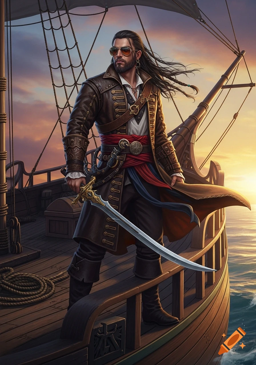 A detailed illustration of a modern pirate with sunglasses and long hair, standing on a ship deck at sunset, holding a sword.