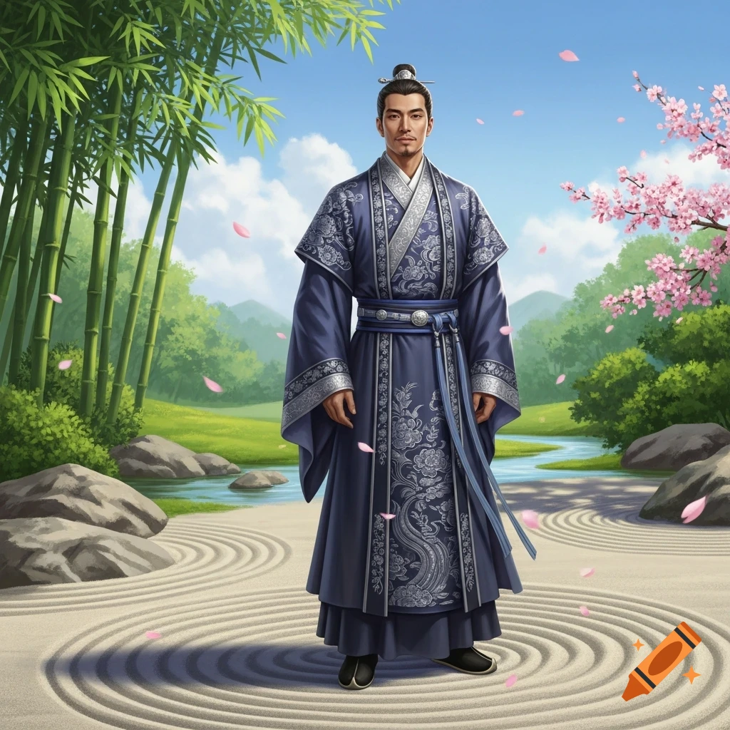 An Asian man in a blue traditional robe stands in a zen garden with bamboo, a river, and cherry blossoms.