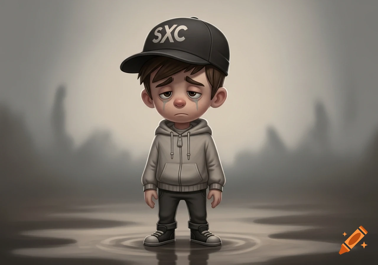 A cartoon boy with a sad expression and tears, wearing a grey hoodie and a black cap with "SXC" on it, stands in shallow water with ripples.