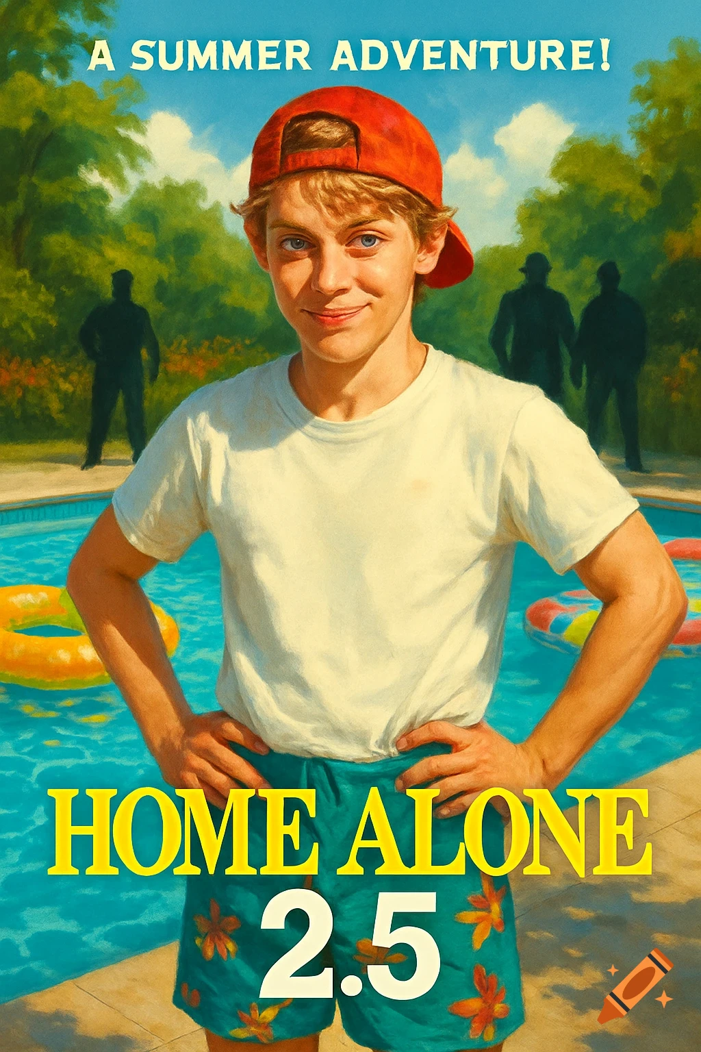 A painterly movie poster featuring a smiling boy in a red baseball cap, white t-shirt, and floral board shorts standing by a swimming pool. Text reads "A SUMMER ADVENTURE!" and "HOME ALONE 2.5".