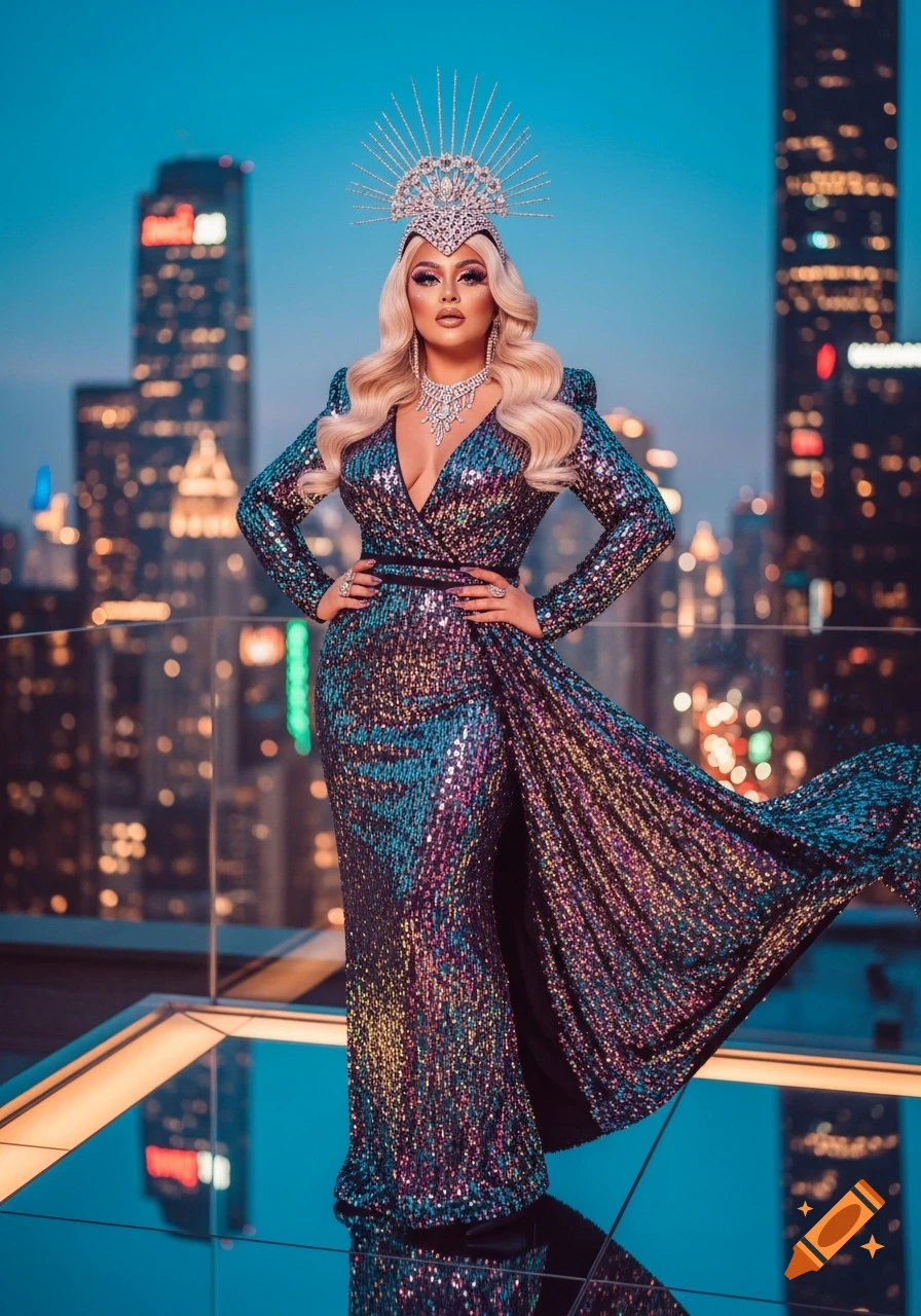 A person in a shimmering sequined gown and an elaborate spiked headpiece poses on a rooftop against a blurred city skyline at dusk.