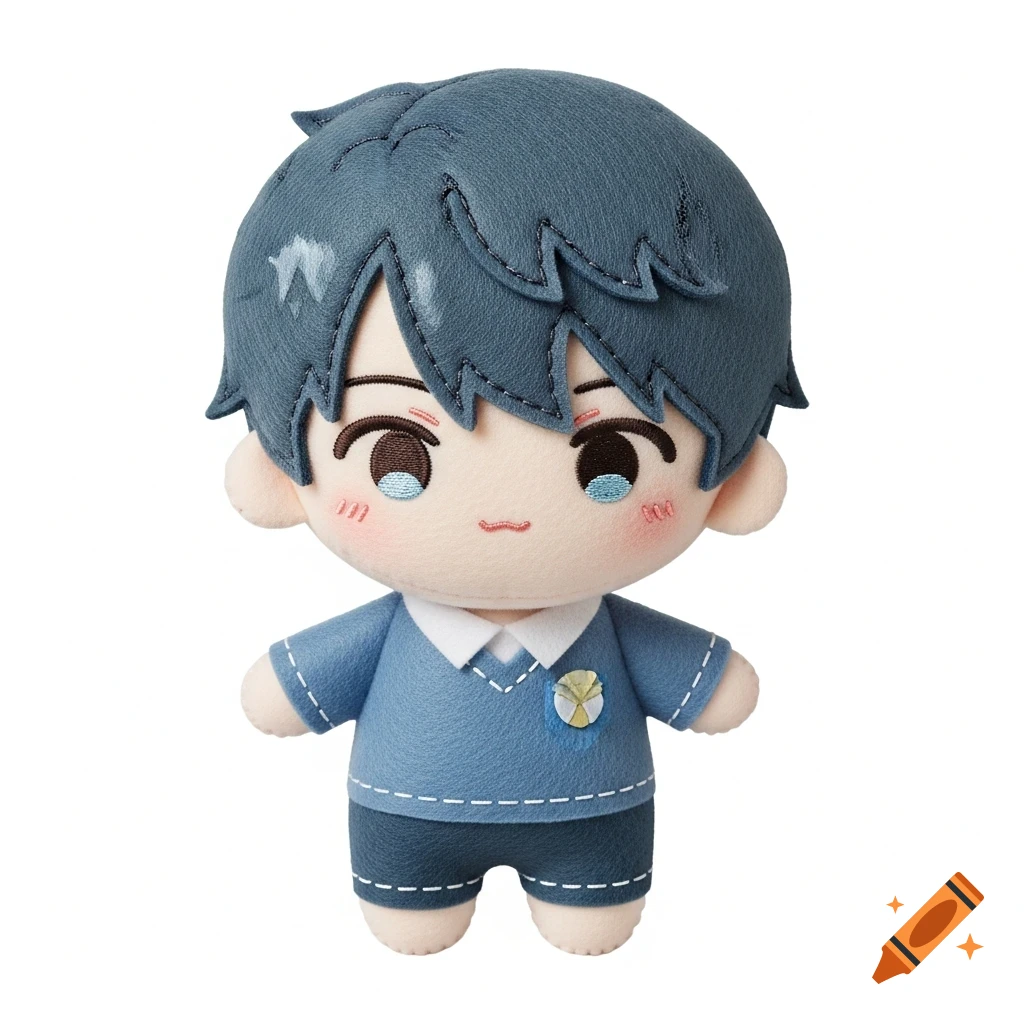 An adorable chibi-style plush toy boy with blue hair, rosy cheeks, wearing a blue felt sweater and dark blue shorts, on a white background.