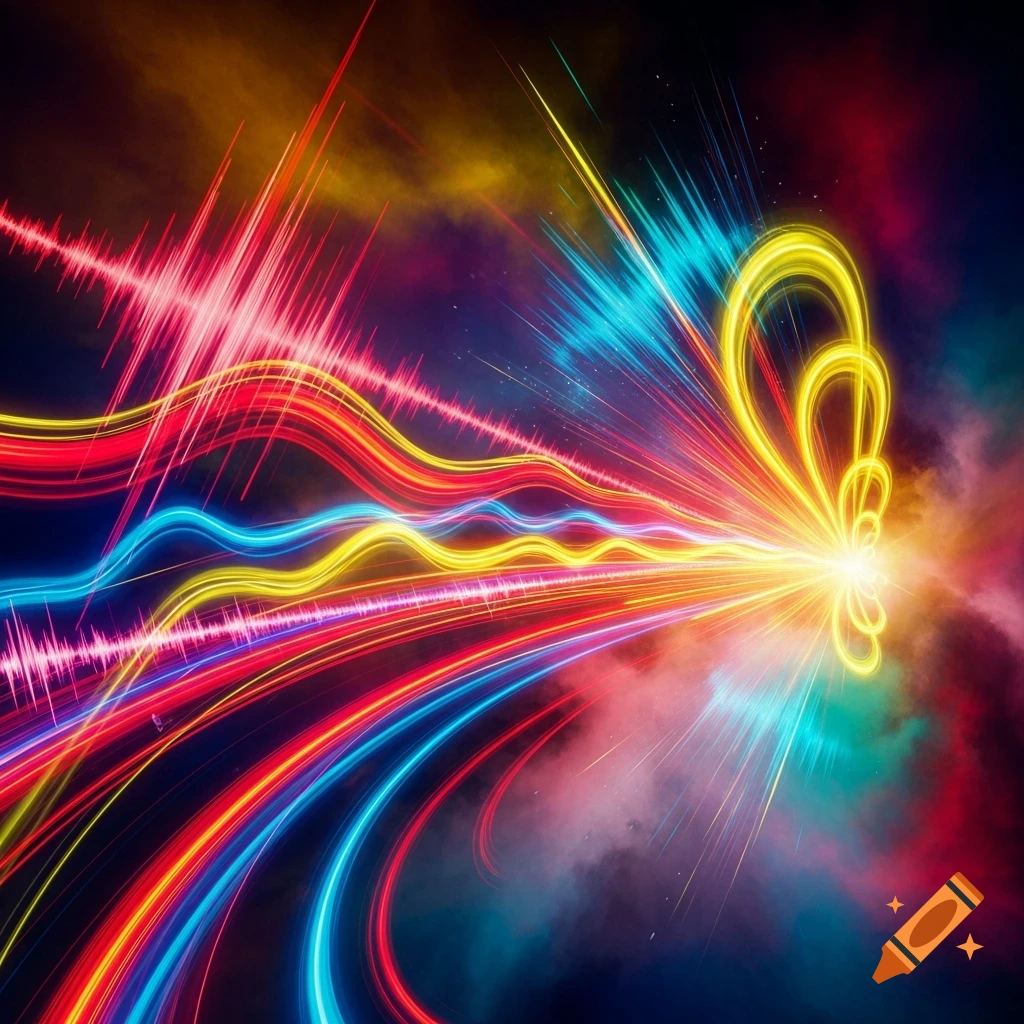 Vibrant abstract digital art with colorful neon light trails, sound waves, and a bright glowing burst.