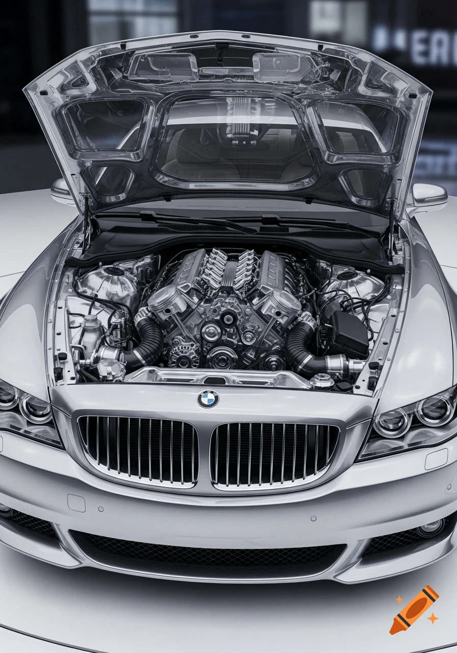 Silver BMW luxury car with transparent hood open, showing a detailed, deconstructed engine in photorealistic style.