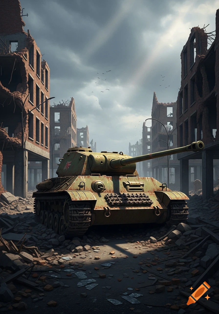 A photorealistic military tank in the middle of a destroyed city street under a cloudy sky.