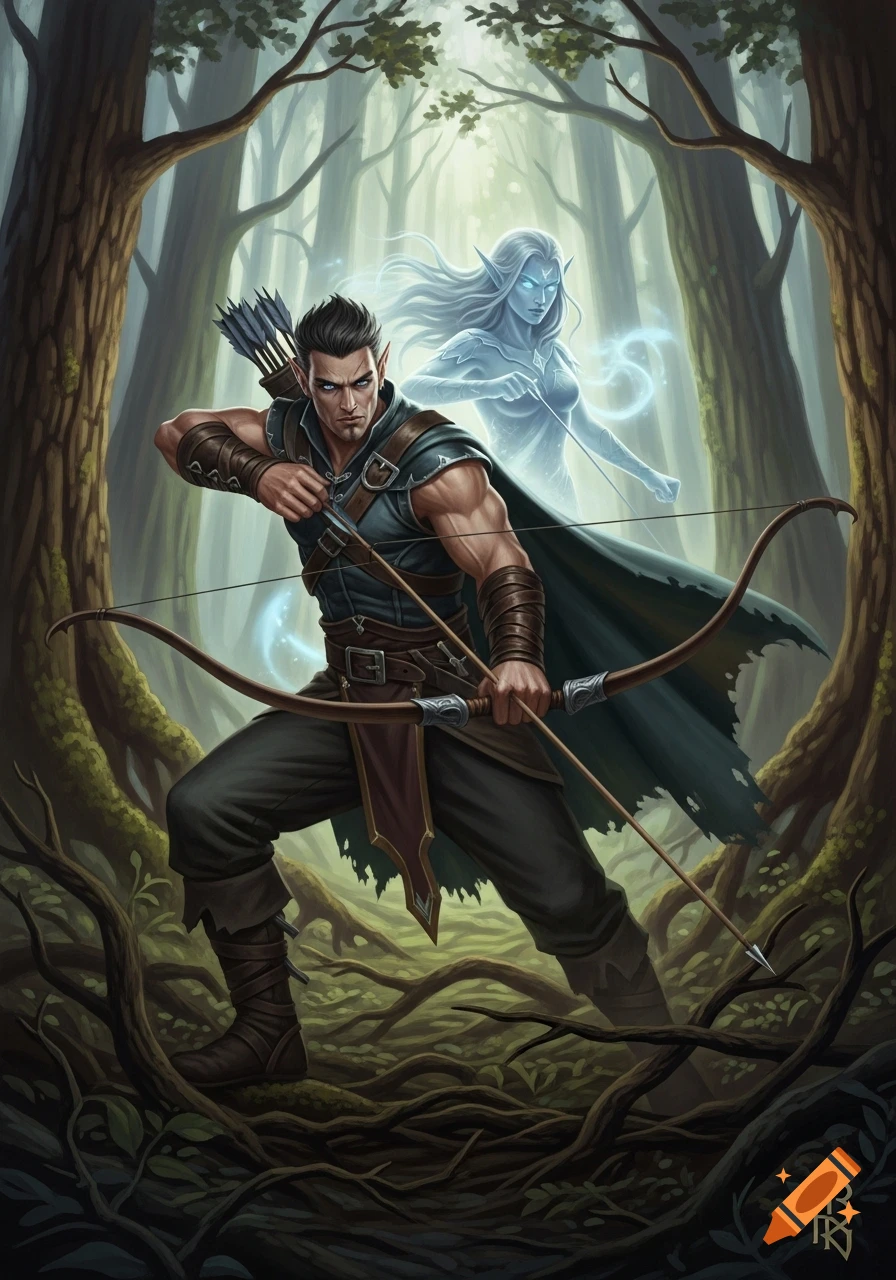 A dark elf hunter in a forest draws his bow as a glowing female elf ghost passes through his back in an illustration.
