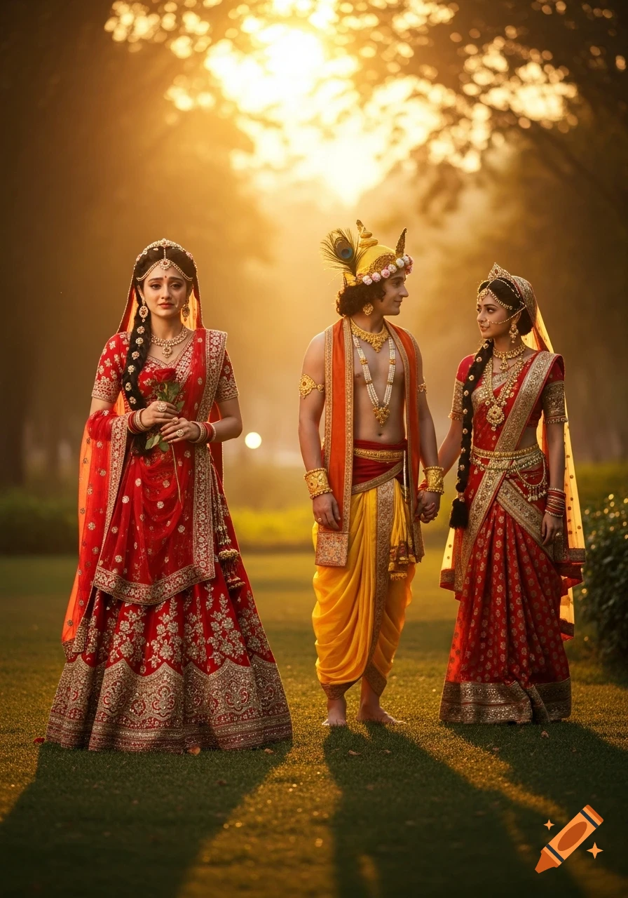 A melancholic woman in a red lehenga holds a rose as a man and woman in traditional Indian attire walk away hand-in-hand at sunset.