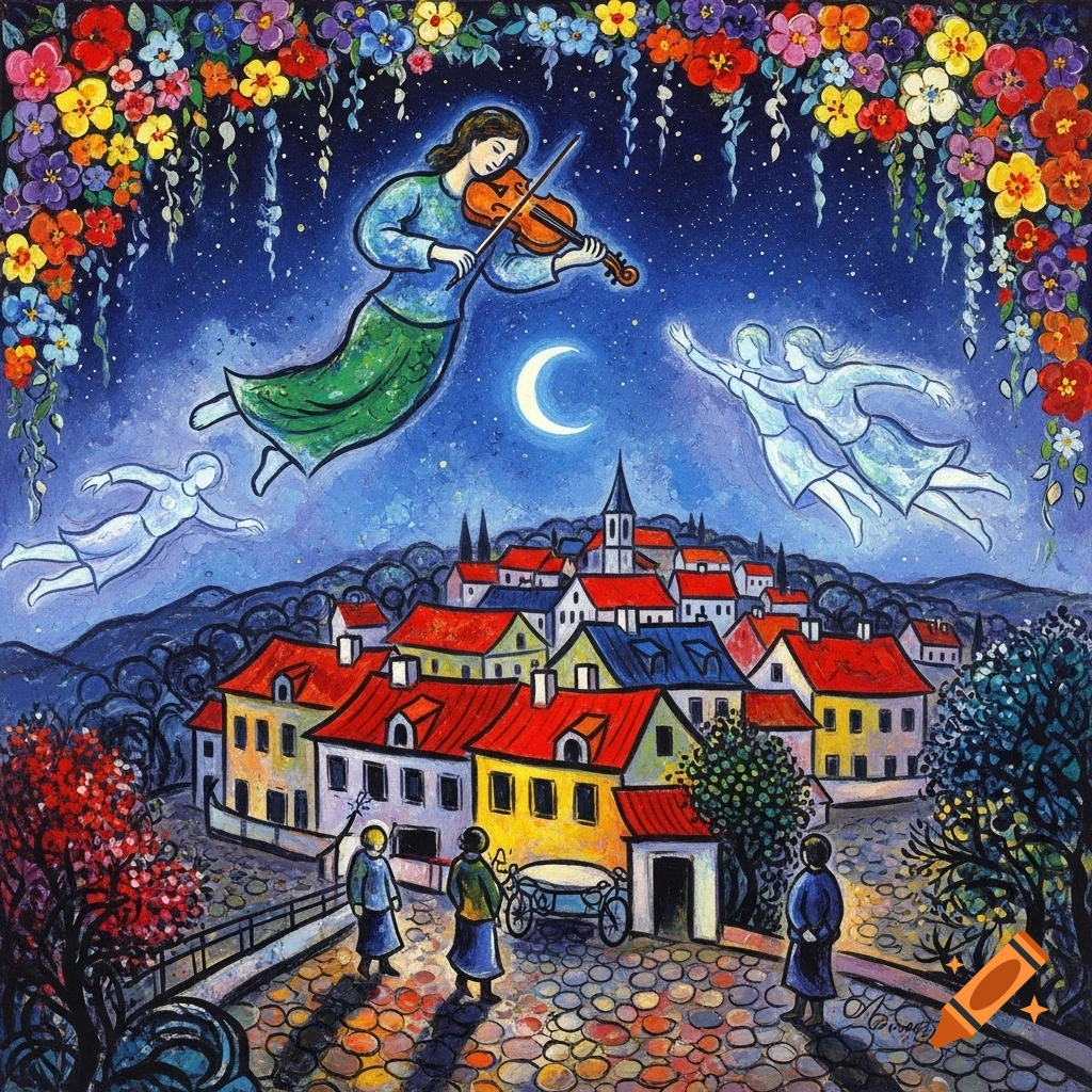 Vibrant surreal painting with a woman playing a violin, floating over a colorful European town at night, framed by flowers.