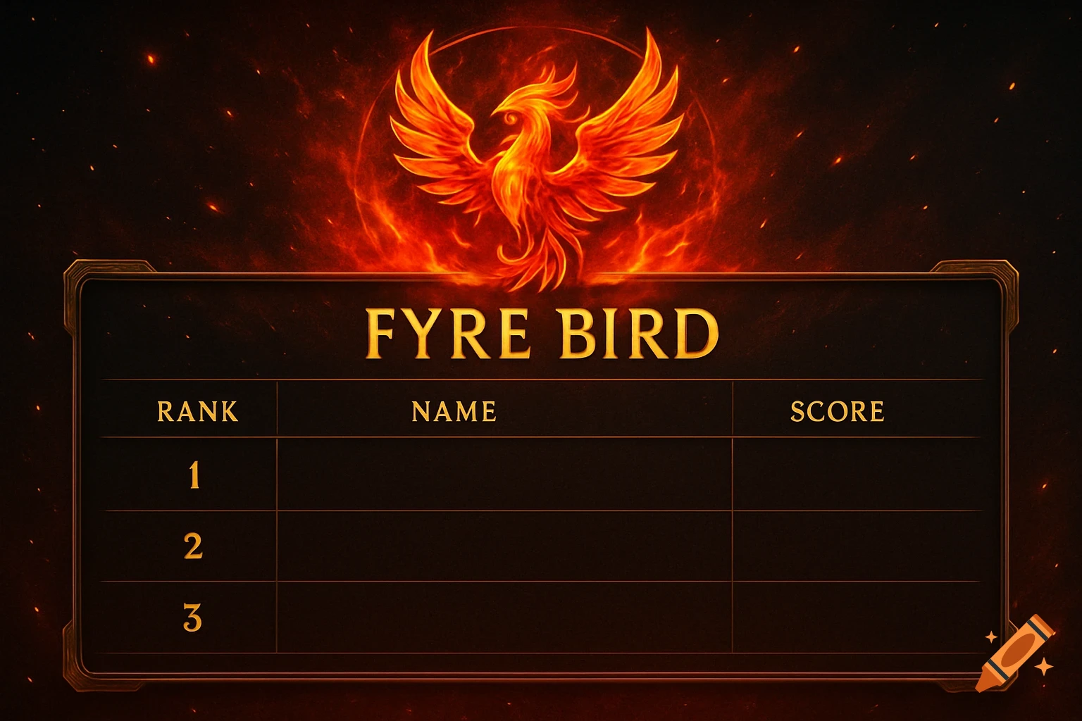 A fiery phoenix logo above a dark leaderboard template with 'Fyre Bird' title and columns for rank, name, and score.