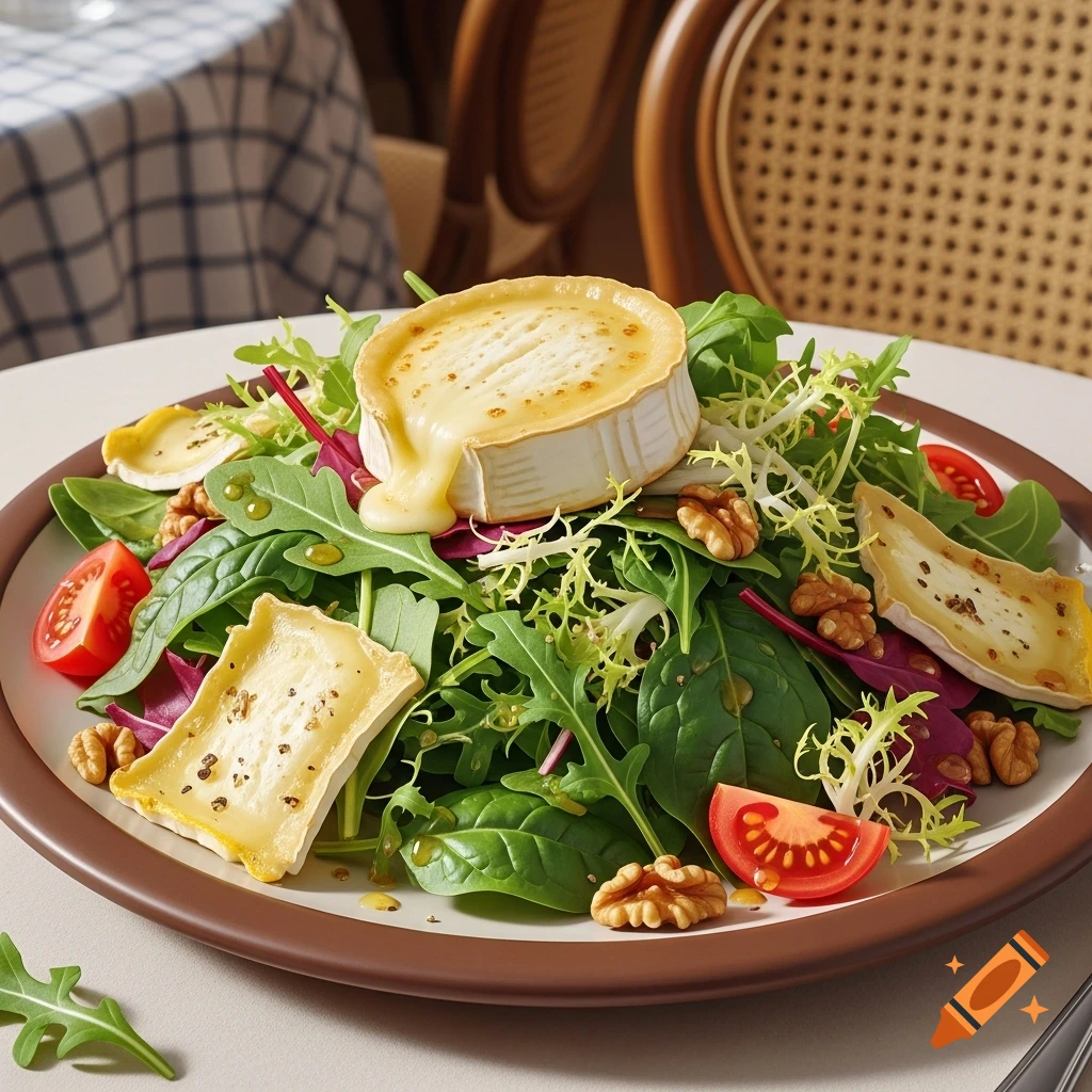 A gourmet salad featuring warm goat cheese, walnuts, and cherry tomatoes on a bed of mixed greens, served on a brown and white plate.