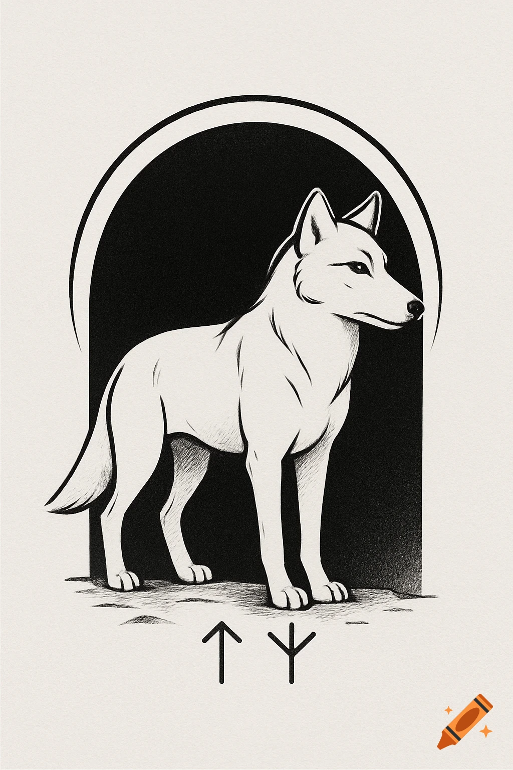 Minimalist black and grey tattoo design of a wolf in profile with a dark arc and Tiwaz and Algiz runes.