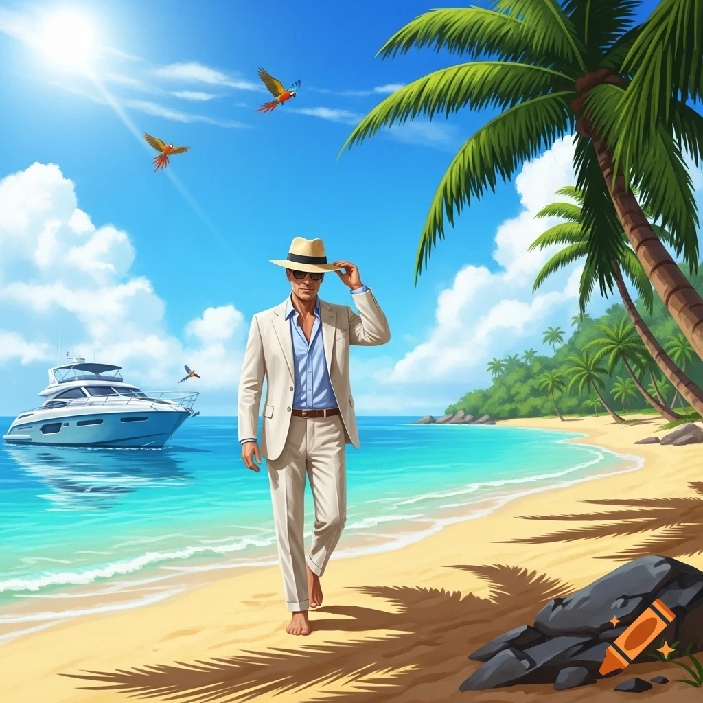 Illustrative depiction of a man in a straw hat and light suit walking barefoot on a sandy tropical beach with a yacht in the turquoise water.