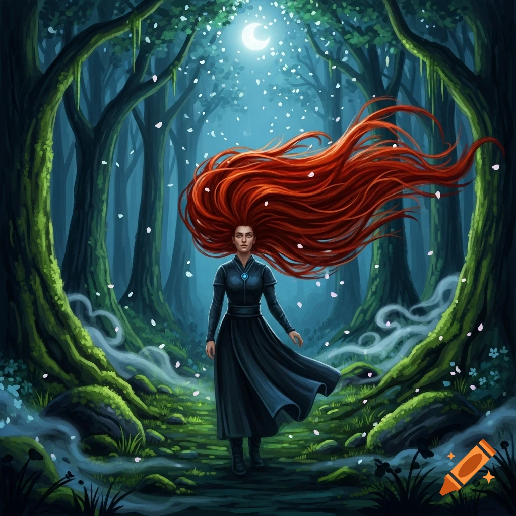 A woman with long, flowing red hair walks through a magical, moonlit ...