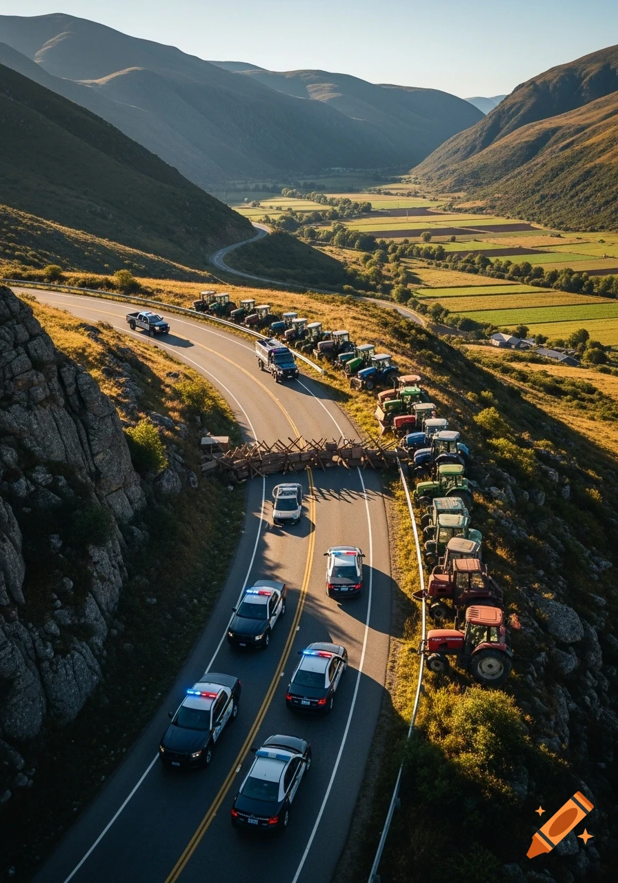 Aerial view of police cars approaching a wooden barricade on a winding mountain road, with tractors lined up and a valley below.