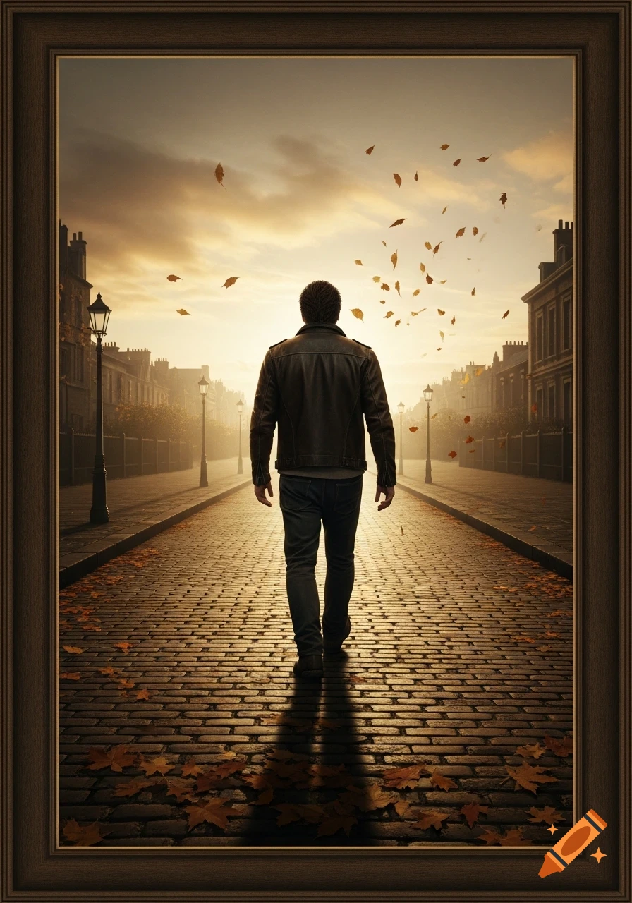 A man in a leather jacket walks away down a cobblestone street at sunset, with golden autumn leaves falling around him.