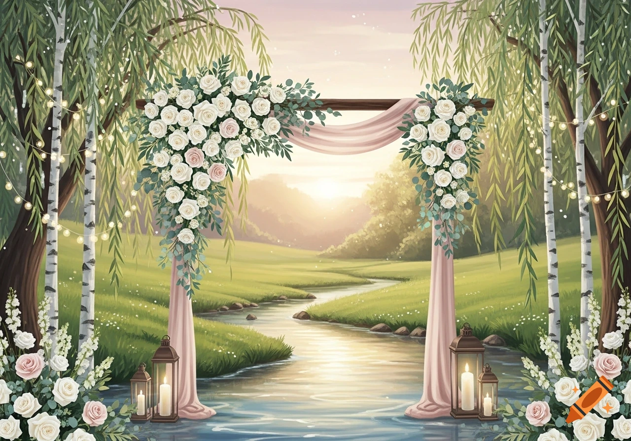 An outdoor wedding backdrop featuring a floral arch with white and pink roses, sheer pink fabric, lanterns, and willow trees beside a winding stream at sunrise.