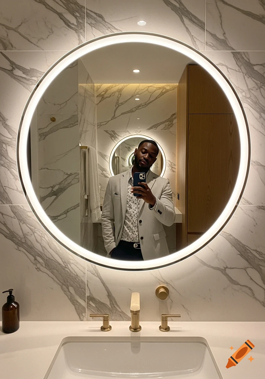 A man in a light grey blazer and patterned shirt takes a selfie in a modern bathroom with a circular LED mirror and marble walls.