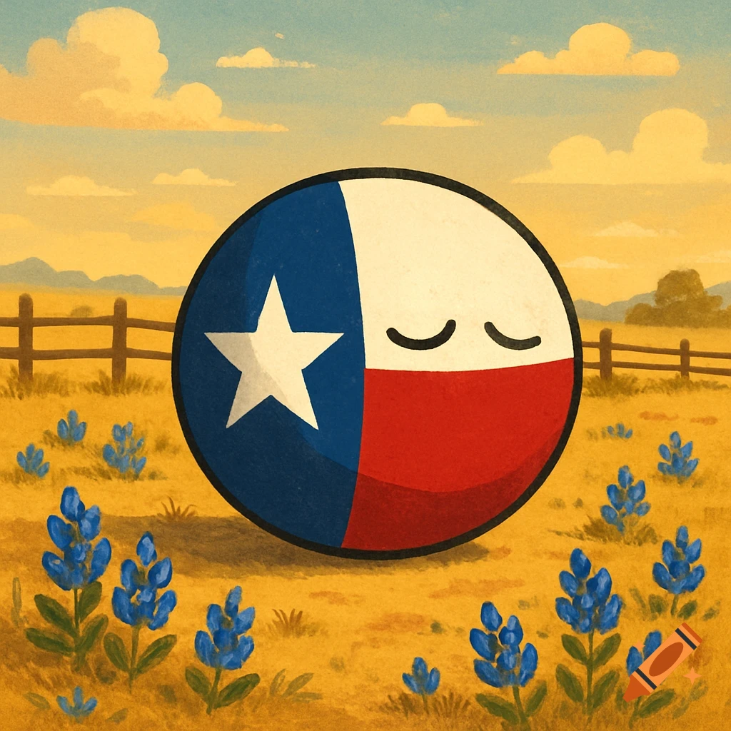 A cartoon Texas countryball with sleepy eyes, designed as the Texas flag, rests in a field of bluebonnets under a cloudy sky.