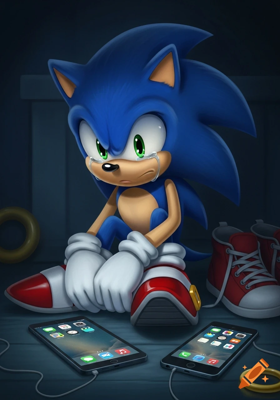 Crying Sonic the Hedgehog sits on the floor next to two smartphones, charging cables, and red sneakers in a digital illustration.