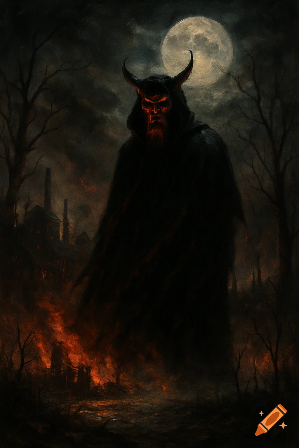 A dark painting of a horned demon with glowing red eyes in a fiery, desolate landscape under a full moon.
